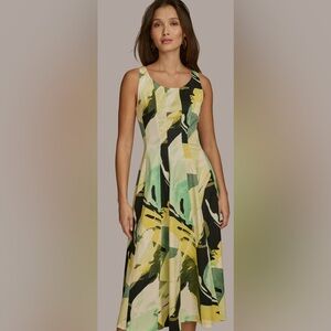 Donna Karan Green and Yellow Abstract Midi Dress